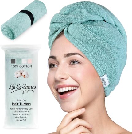 Lili&James 100% Cotton Hair Towel Wrap for Women/Kids | Quick Dry, Soft & Absorbent Hair Wrap Towels with Double Button | Anti Frizz, Non Microfiber Hair Turbans for Curly, Long & Thick Hair (Aqua)