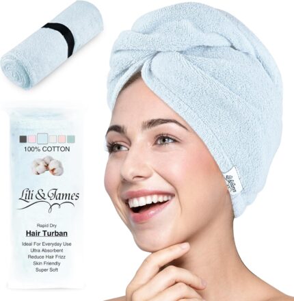 Lili&James 100% Cotton Hair Towel Wrap for Women/Kids | Quick Dry, Soft & Absorbent 420-GSM Hair Wrap Towels with Double Button | Anti Frizz, Non Microfiber Hair Turbans for Curly, Long Hair (Blue)