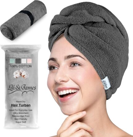 Lili&James 100% Cotton Hair Towel Wrap Quick Dry Super Absorbent Turban Head Wrap for Women/Kids/Men with Double Button, Anti Frizz, Hair Cap for Curly, Long & Thick Hair (Dark Grey)